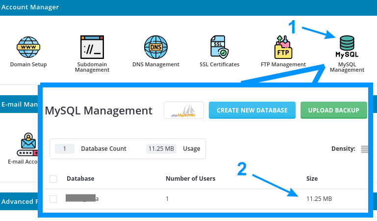 Click on "MySQL Management" icon (1), and a window will open, showing the database size (2)