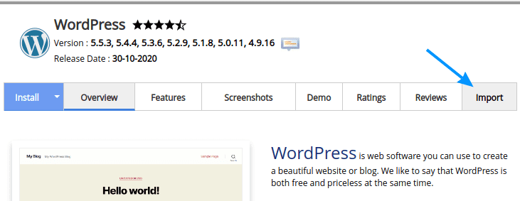 Biranje "Import" opcije na Softaculous WordPress management home ekranu