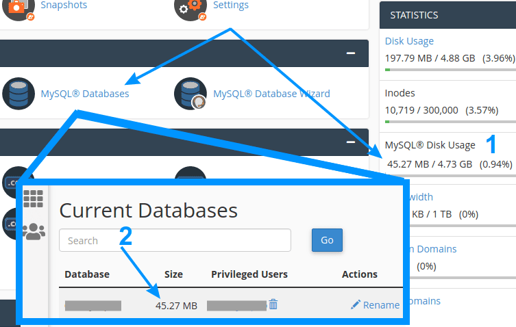 cPanel database size check - (1) won't be updated in real time, so (2) is usually more accurate