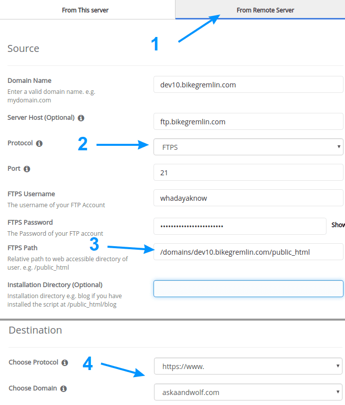 Configuring Softaculous website cloning options