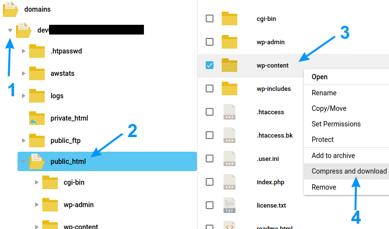 Compressing and downloading "wp-content" directory, using DirectAdmin file-manager