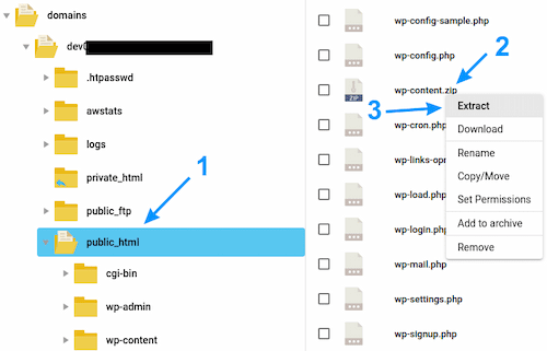 Extracting a packed (zipped) file using DirectAdmin file-manager