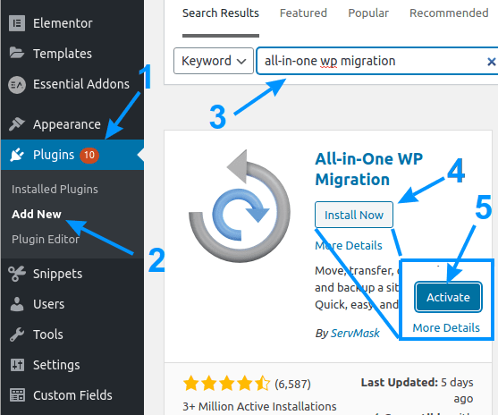 Installing All-in-One WP Migration plugin, in WordPress back-end