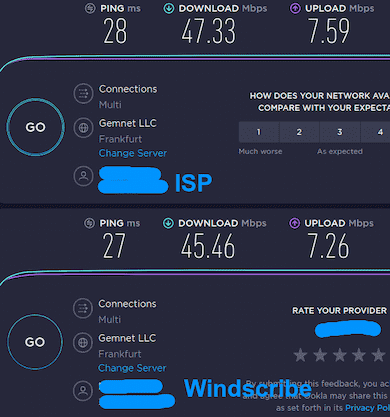 Poređenje brzine konekcije ISP-a i Windscribe VPN-a sa Frankfurtom