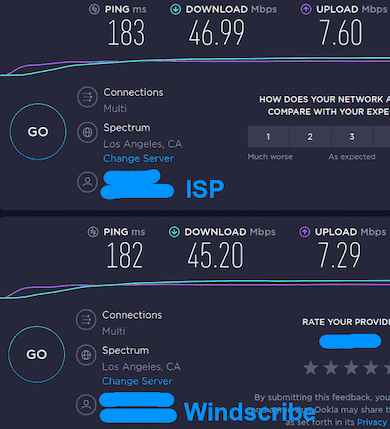 ISP vs Windscribe VPN connection to Los Angeles