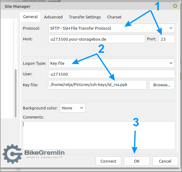 Configuring FileZilla SFTP connection to Hetzner Storage Box