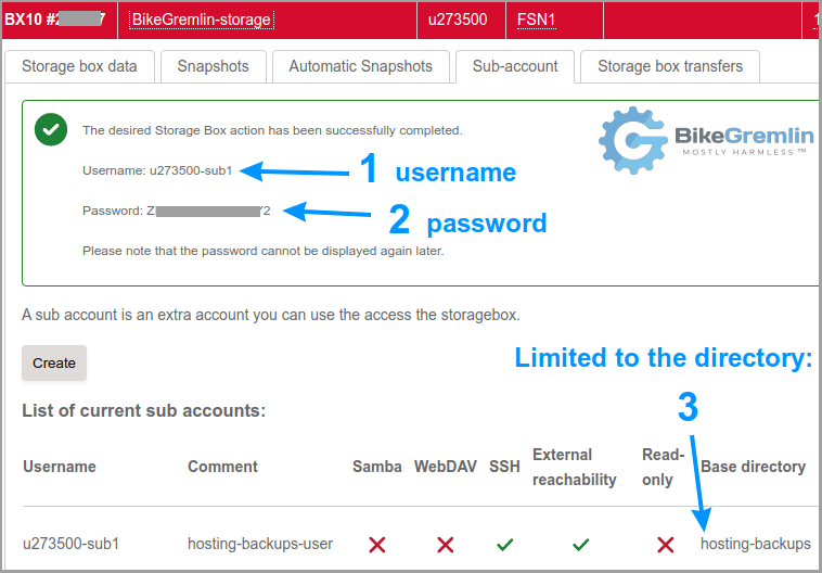 Sub-account created - write down the password