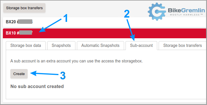 Selecting the option for creating a Hetzner Storage Box Sub-account