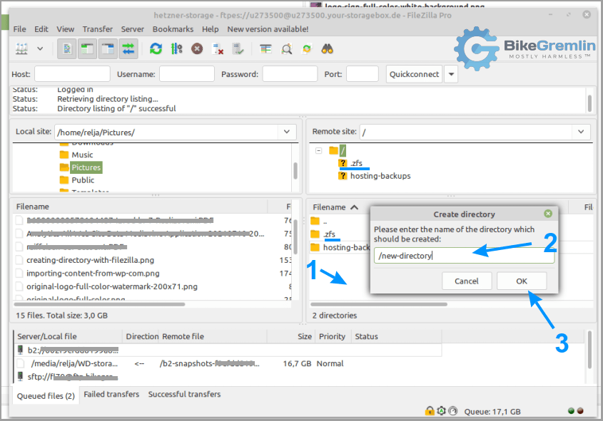 Creating a new directory on the Storage Box using the FileZilla FTP client