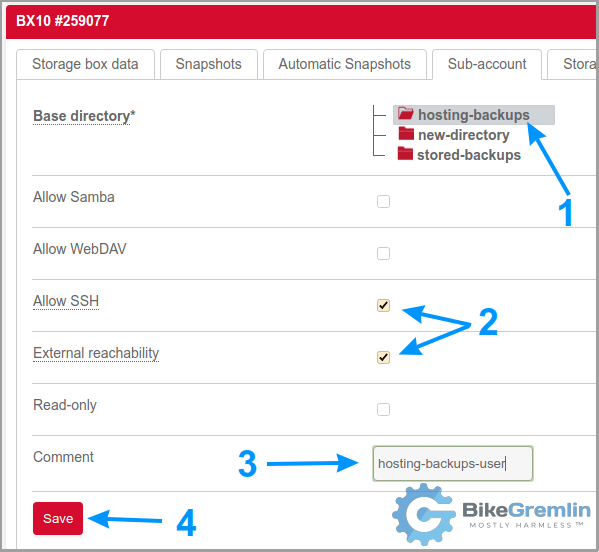 Configuring and creating a new Storage Box FTP user account