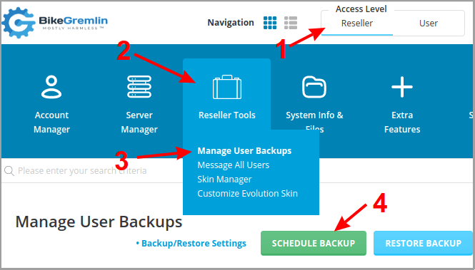 DirectAdmin menu for scheduling automated user account backups