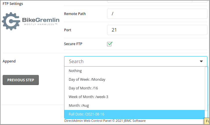 The available DirectAdmin destination path Append options, useful for organizing backup retention