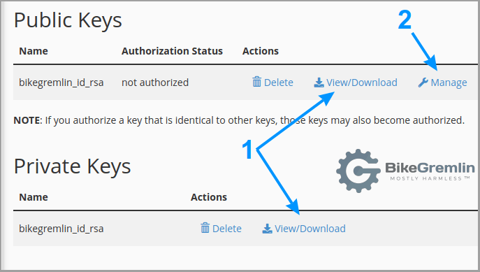 SSH keys download (1) and manage (2) options