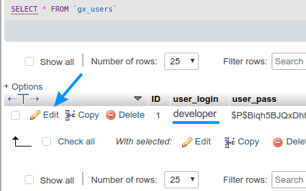 Opening a WordPress user "Edit" options in PhpMyAdmin