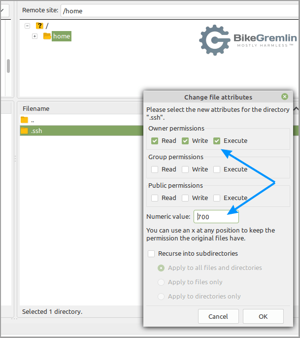 filezilla ssh sftp server permissions