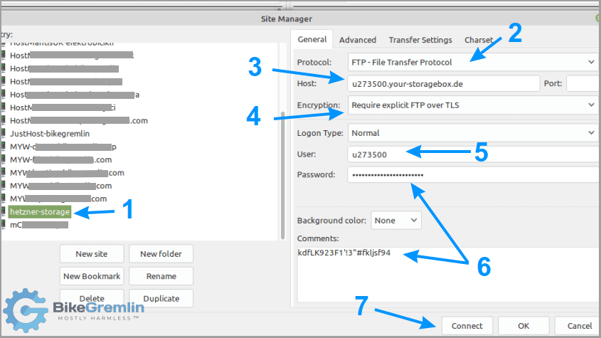 Configuring a new FTP connection in FileZilla