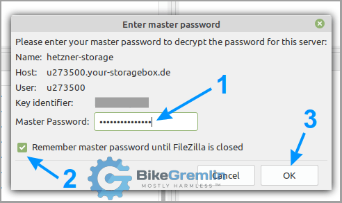 Unošenje FileZilla master lozinke (1) i čekiranje opcije da ne pita ponovo dok ne zatvorite program (2)
