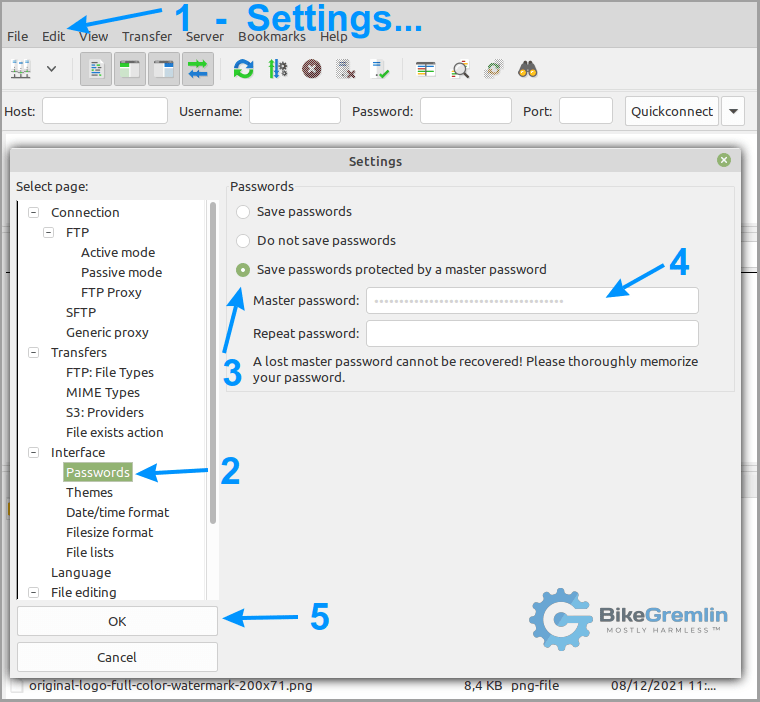 Activating password encryption in FileZilla