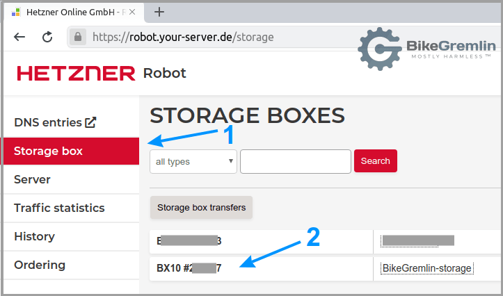 Choose "Storage box" from the menu (1) and click on the one you wish to configure (2)
