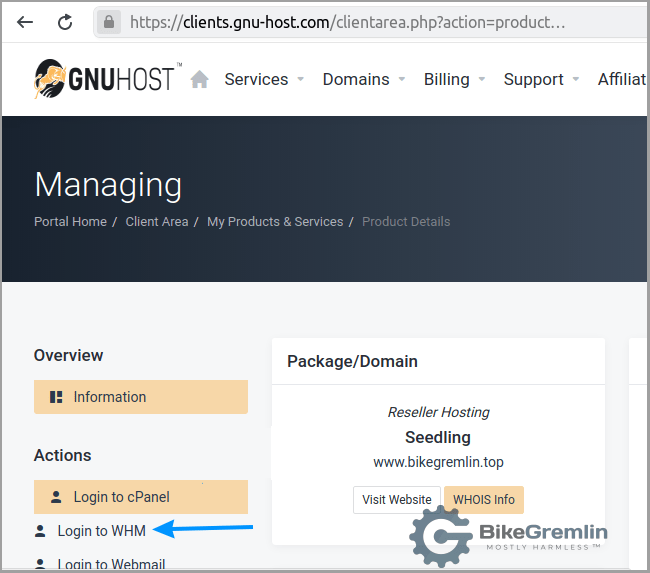 WHM login. Your hosting provider's control panel may look different, but the principle is the same