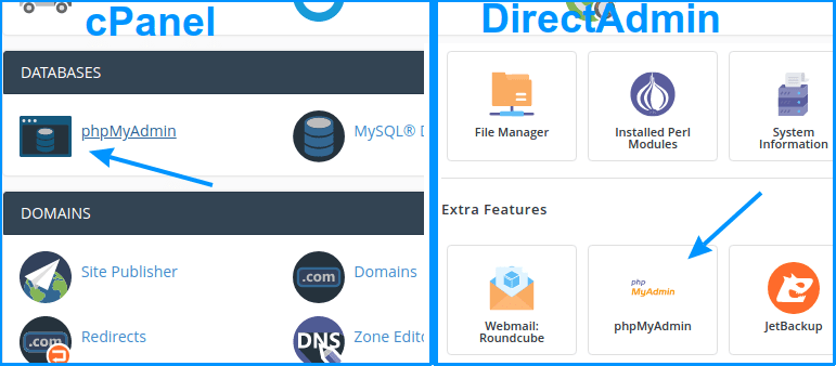 cPanel (left) and DirectAdmin (right) PhpMyAdmin icons