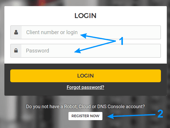 Log in with an existing account (1), or create an account if you don't have one (2)