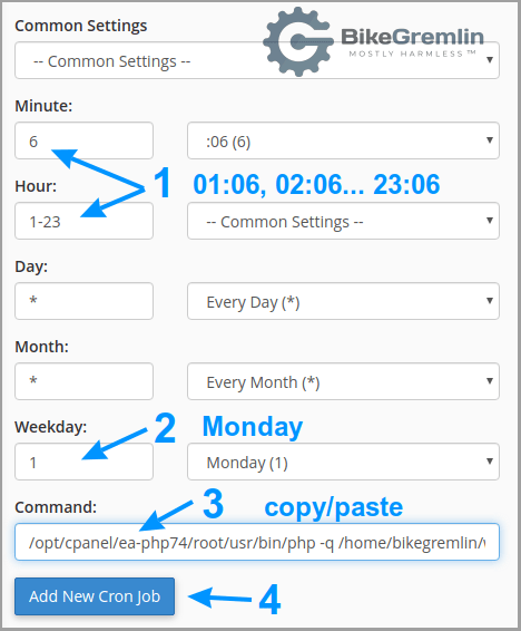 WHM Backup Solutions cron posao 2, zakazan da kreće na 6 minuta svakog sata, počev od 01 do 23 časa, svakog ponedeljka