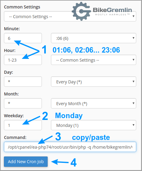 WHM Backup Solutions cron job 2, set to run each hour past 6 minutes, from 01 through 23 hours, on Mondays