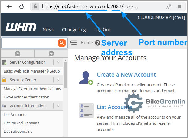 WHM server address and port number