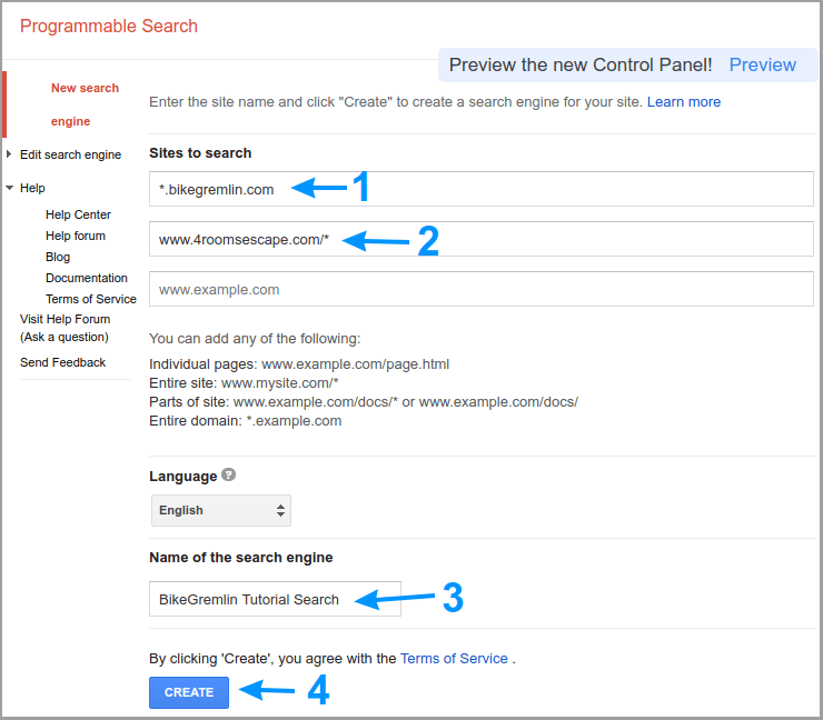 Creating a new Google Programmable Search engine