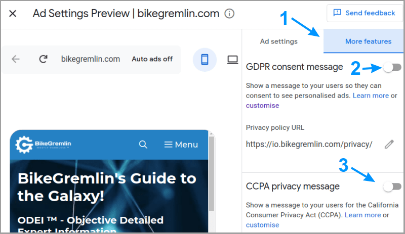 GDPR and CCPA cookie consent and privacy warning pop-up message configuration