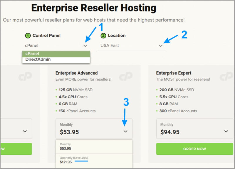 Choosing the control panel, server location, and subscription interval for a hosting package