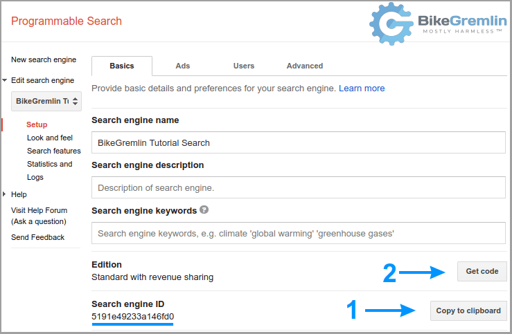 Copy the Search engine ID (the option 2 is for manually adding the code)
