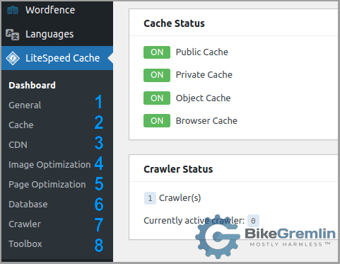 LiteSpeed Cache plugin's main menu categories