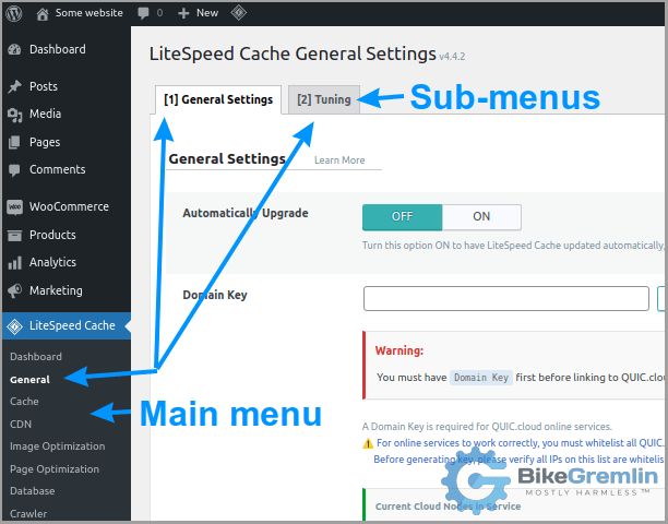 Menu option "General" has two sub-menus - "[1] General Settings," and "[2] Tuning"