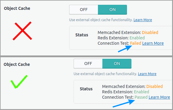 Redis object cache not working properly (top), and working properly (bottom)