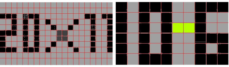 Two same-sized monitors with different resolutions: 20 x 11, and 10 x 6 pixels