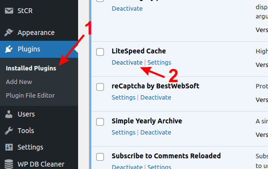 Deactivating the LiteSpeed plugin