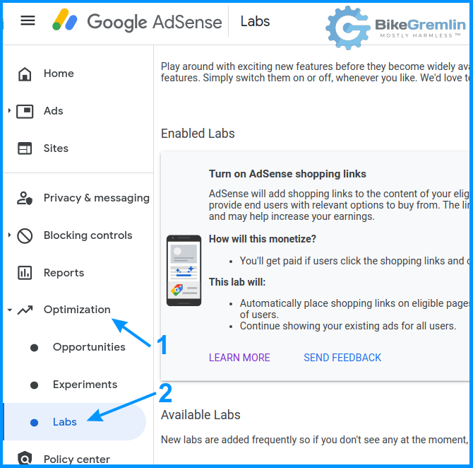 AdSense "Labs" tab (within the "Optimization" options)