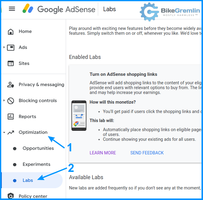 AdSense "Labs" odeljak (pod "Optimization" sekcijom)