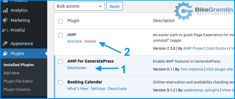 Deaktivirajte (1) i obrišite (2) sve WordPress plaginove vezane za AMP