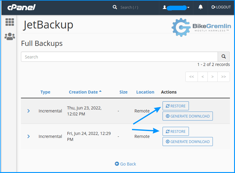 JetBackup one-click account restoration - if you mess things up :)