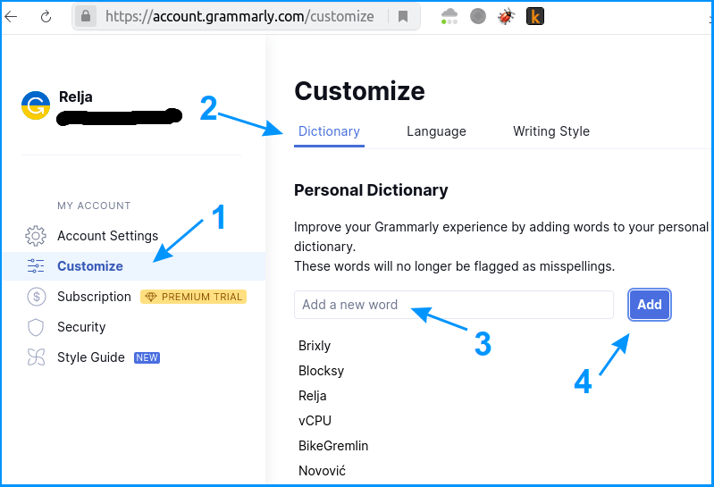 Grammarly's customized dictionary