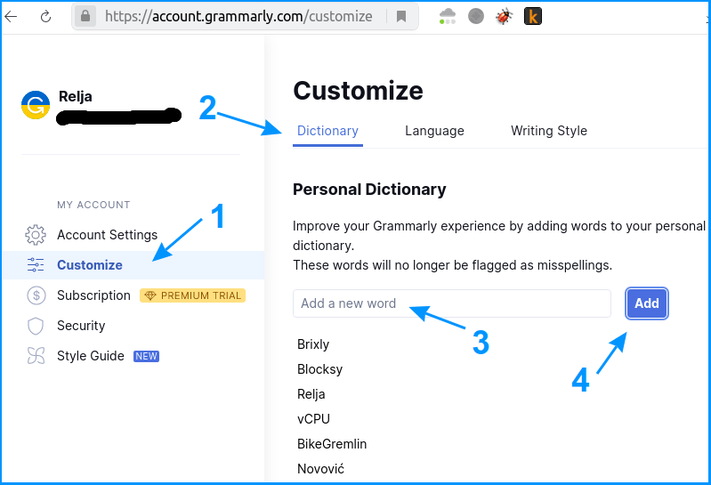 Dodavanje reči u Grammarly rečnik