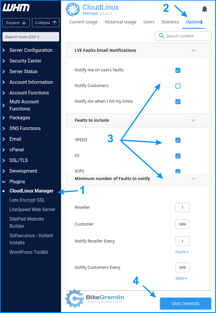 Konfigurisanje obaveštenja za CloudLinux LVE limite