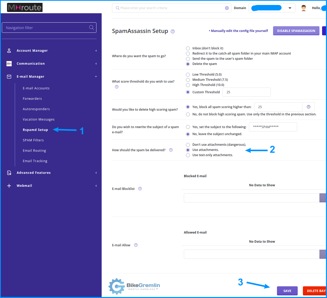 MXroute DirectAdmin panel Spamassassin podešavanje