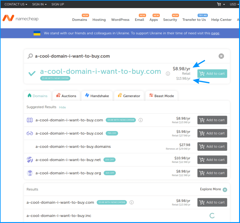 Namecheap domain search and purchase interface - "Retail" is the renewal price