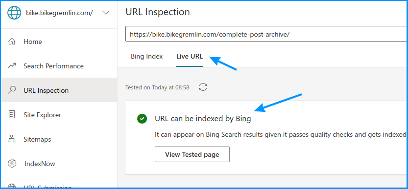 Bing's Live URL report says it's all good!?!