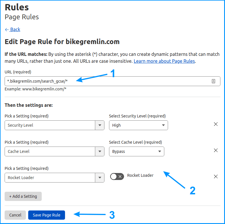 Creating a Cloudflare Page rule in order to make the WordPress Google search work using this plugin