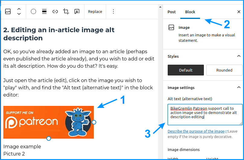 Editing an in-article image alt description (using WordPress backend editor)